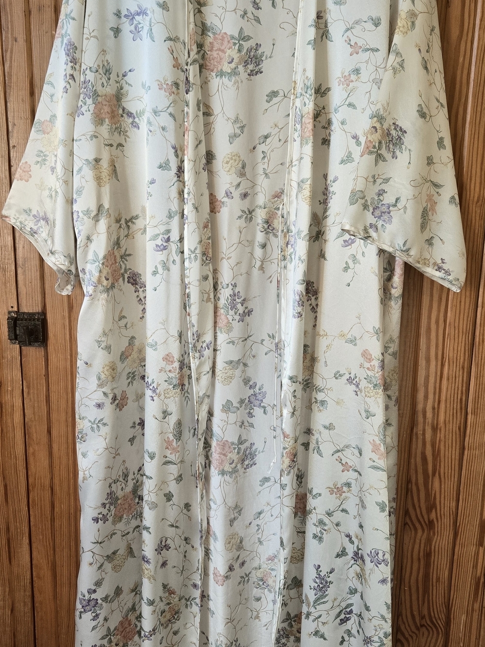 VTG Barbizon 2pc Satin Nightgown Robe Set Pastel Floral Peignoir Cream L